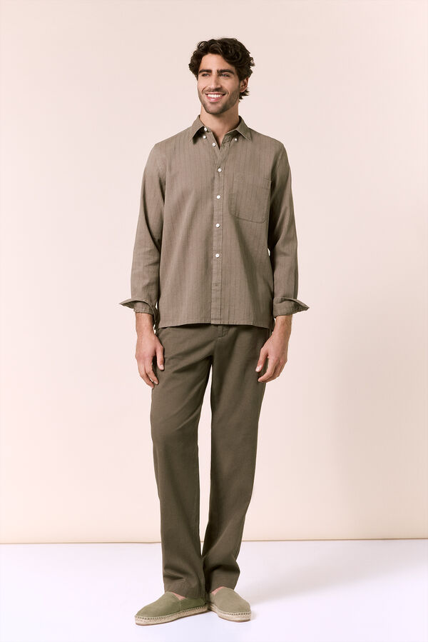 OOTO Camisa rayas lino manga larga Kaki