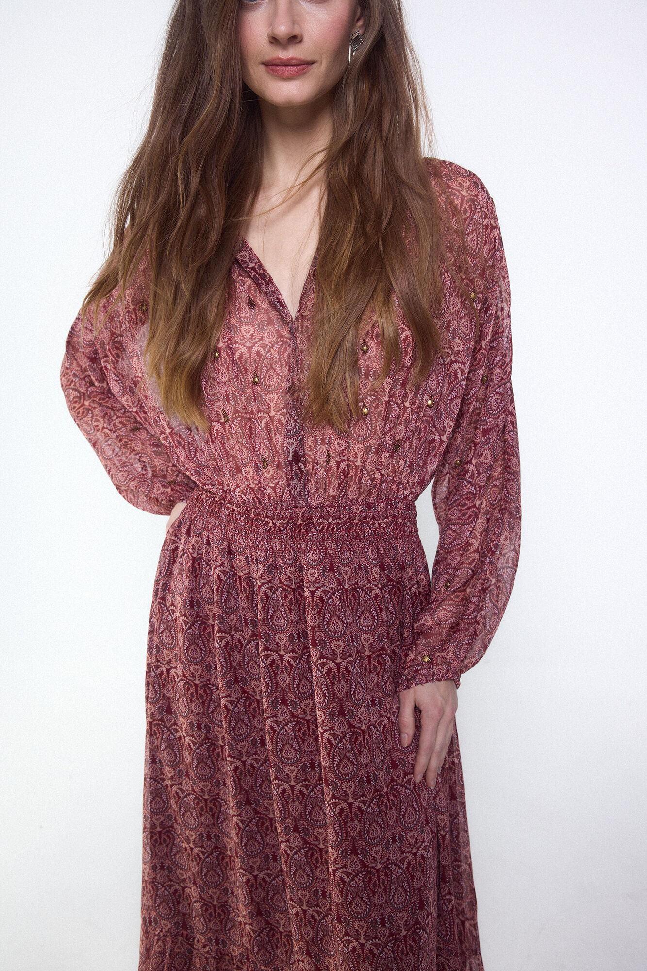 Slowlove Vestido estampado con bordados y pedrer&iacute;a