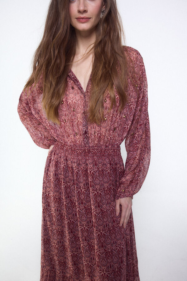 Slowlove Vestido estampado con bordados y pedrer&iacute;a Rojo