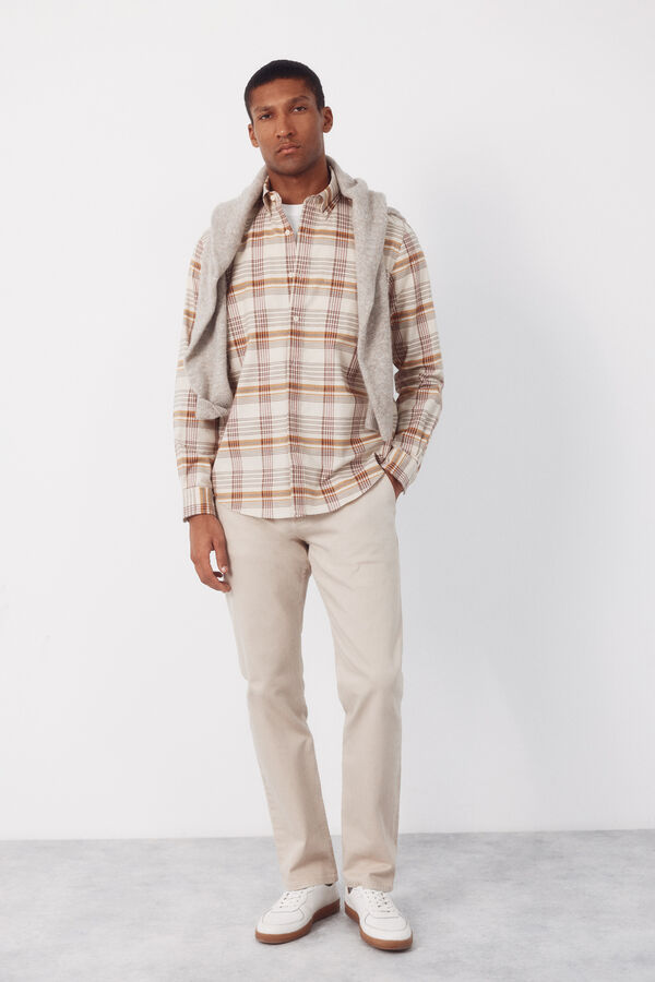 Cortefiel Camisa cuadros oxford slub Beige