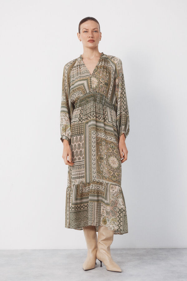 Cortefiel Vestido fluido estampado Kaki