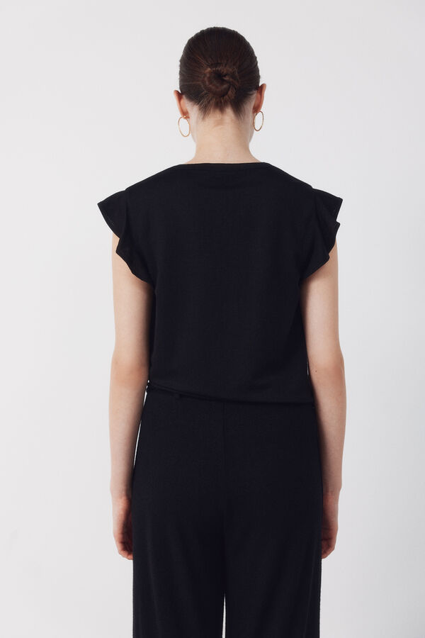 Cortefiel Playera de manga con volante Negro