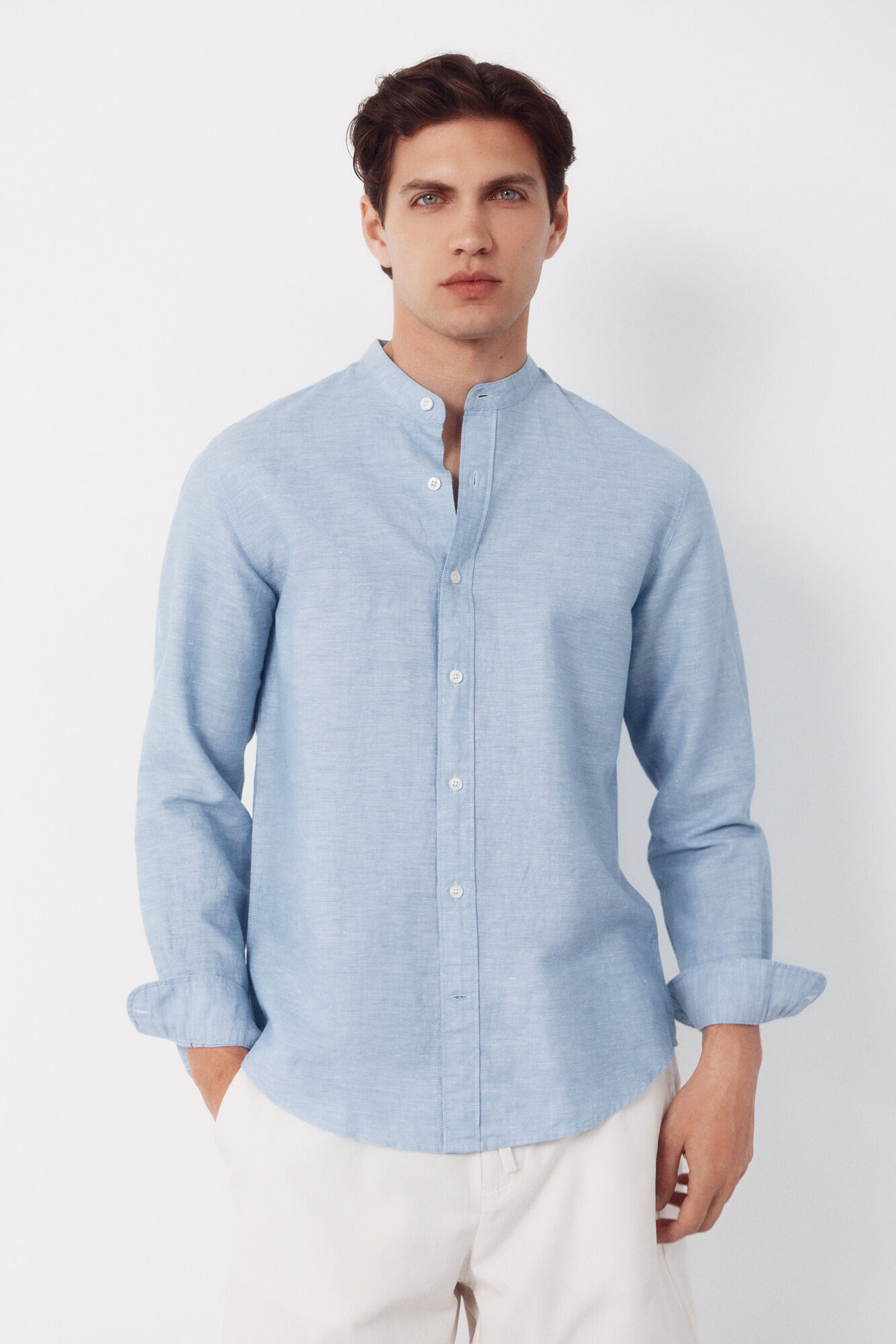 Cortefiel Camisa lino algod&oacute;n lisa cuello mao