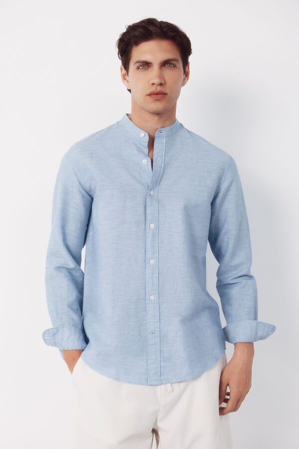 Cortefiel Camisa lino algod&oacute;n lisa cuello mao Azul