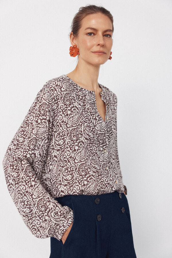 Cortefiel Blusa de cuello redondo Estampado marr&oacute;n