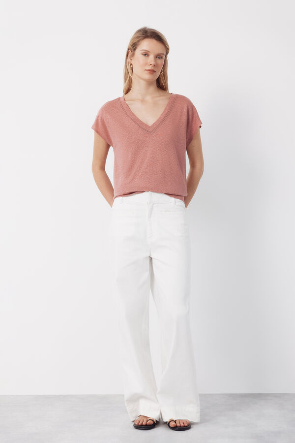 Cortefiel Playera de lino con escote en pico y l&uacute;rex Rosa