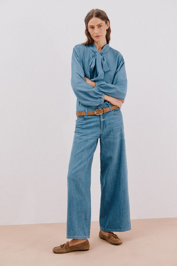 Cortefiel Camisa de mezclilla con lazo Azul