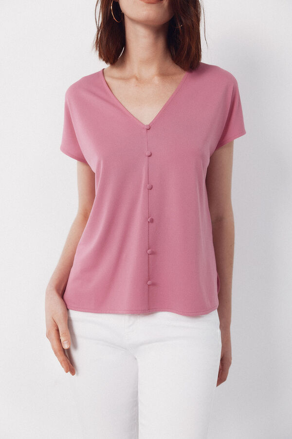 Cortefiel Playera con botones y escote en pico Rosa