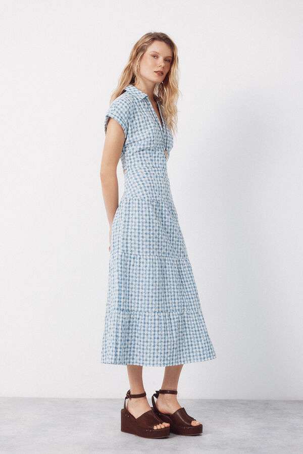 Cortefiel Vestido vichy bordado Estampado azul