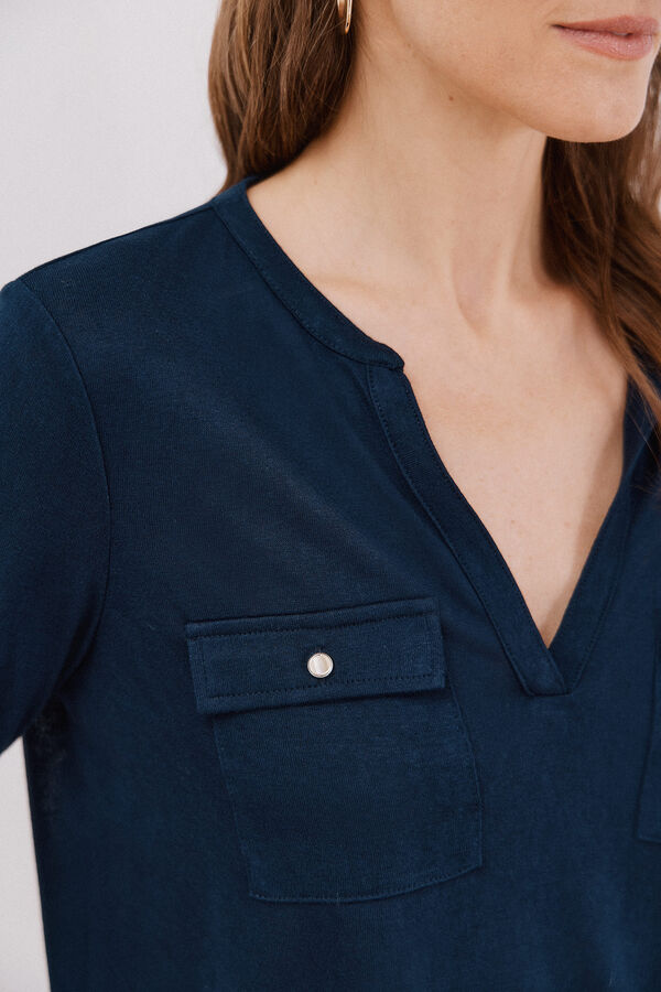 Cortefiel Playera cuello mao efecto lino Azul marino