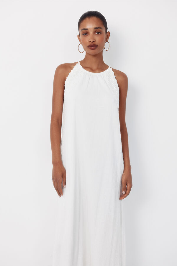 Cortefiel Vestido halter con cinta de crochet floral Blanco