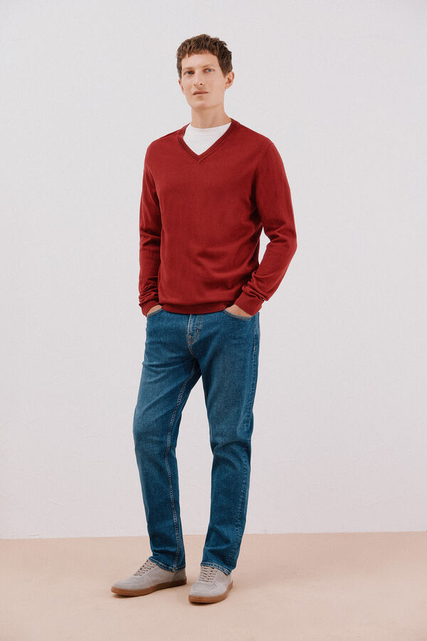 Cortefiel Su&eacute;ter algod&oacute;n cashmere cuello pico Granate