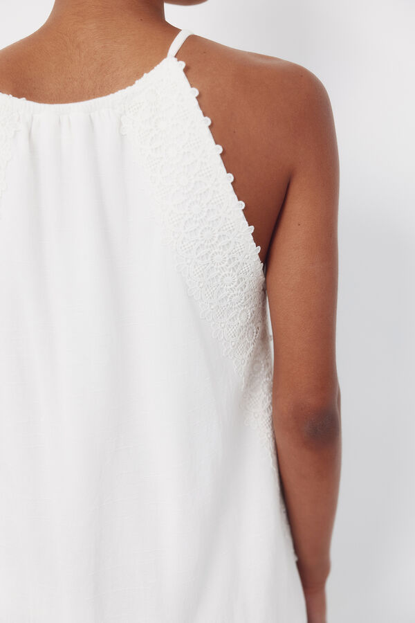 Cortefiel Vestido halter con cinta de crochet floral Blanco