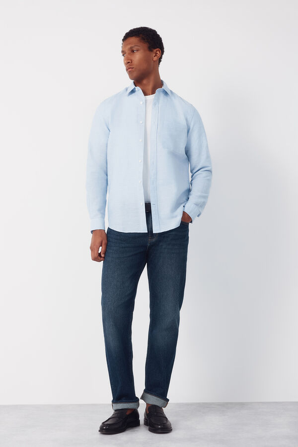 Cortefiel Camisa lino algod&oacute;n liso Azul