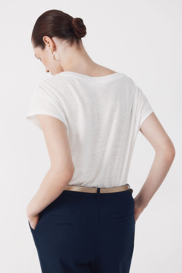 Cortefiel Playera de lino con escote en pico y l&uacute;rex Blanco