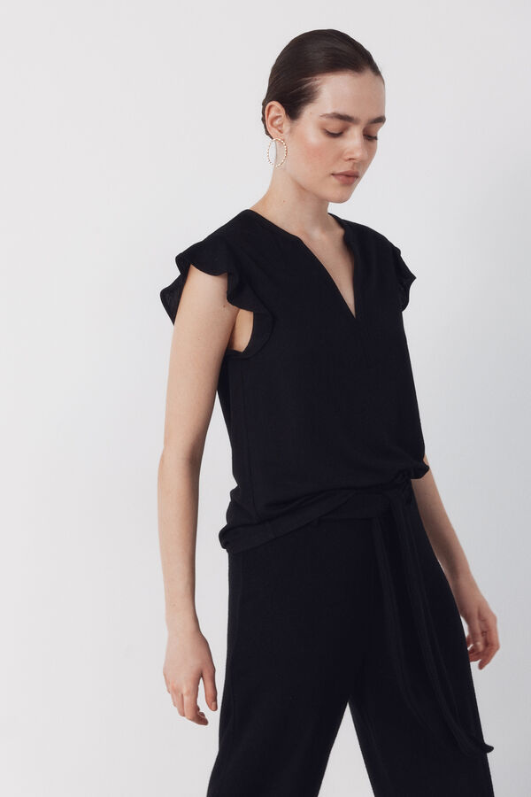 Cortefiel Playera de manga con volante Negro