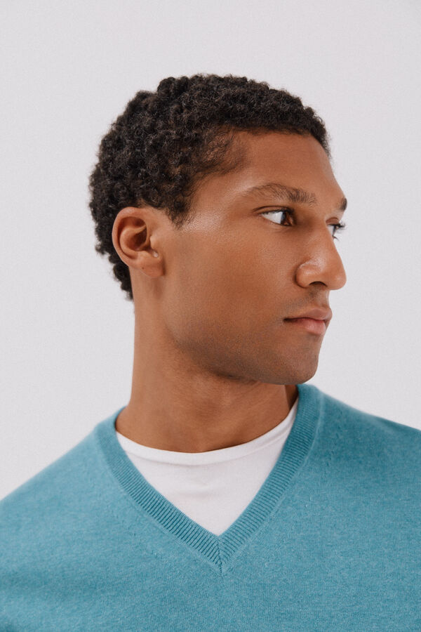 Cortefiel Su&eacute;ter algod&oacute;n cashmere cuello pico Azul