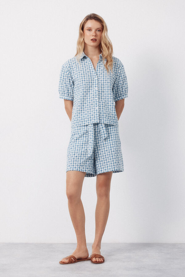 Cortefiel Blusa de estampado vichy bordada Estampado azul