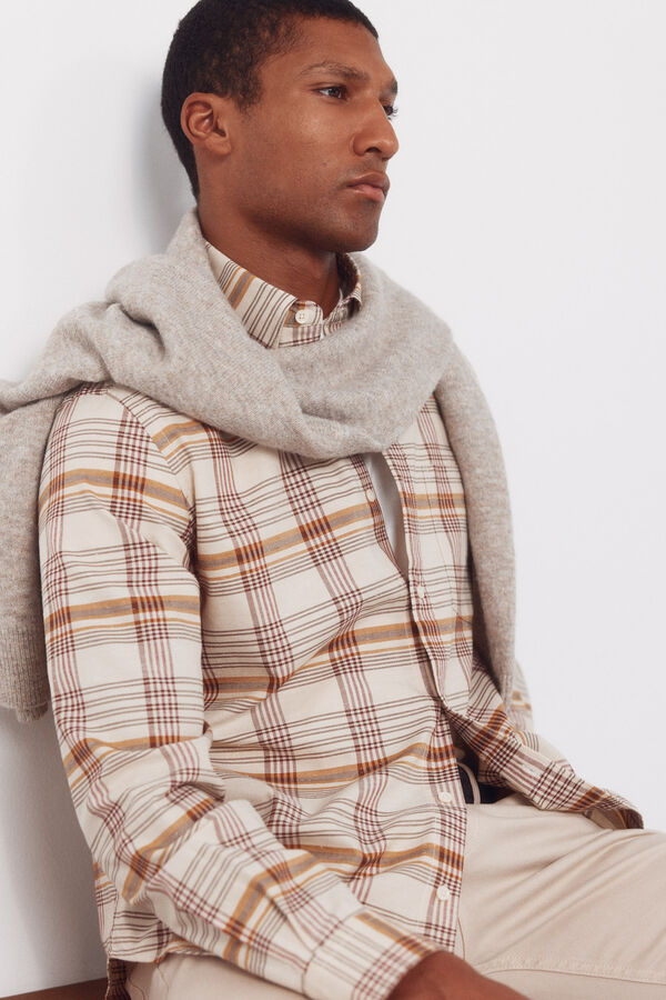 Cortefiel Camisa cuadros oxford slub Beige