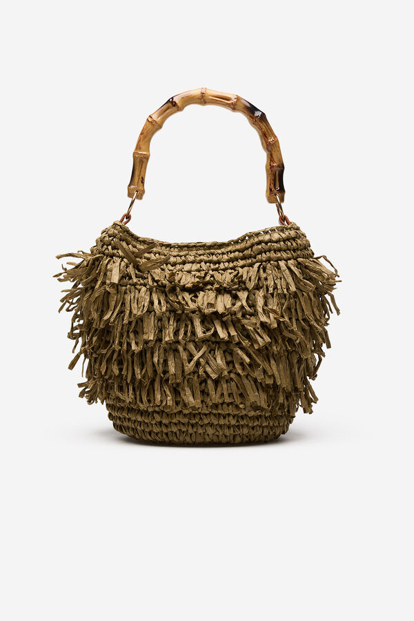 Cortefiel Bolsa de rafia con flecos Kaki