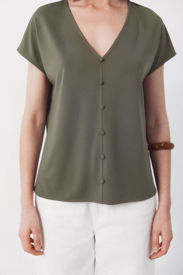 Cortefiel Playera con botones y escote en pico Kaki