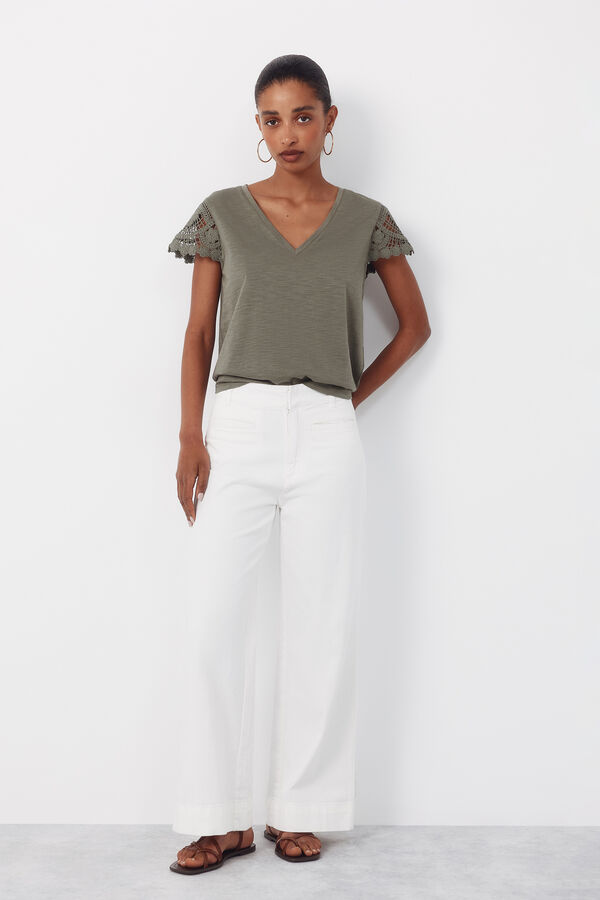 Cortefiel Playera manga crochet Kaki