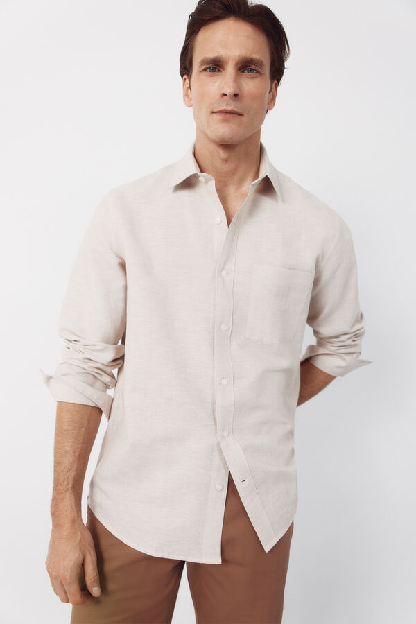 Cortefiel Camisa lino algod&oacute;n rayas Beige