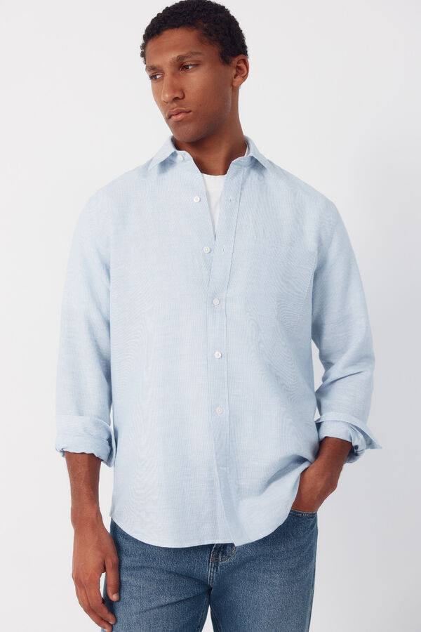 Cortefiel Camisa lino algod&oacute;n rayas Azul