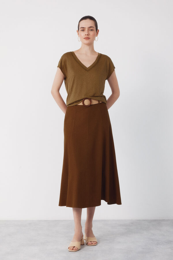 Cortefiel Playera de lino con escote en pico y l&uacute;rex Kaki