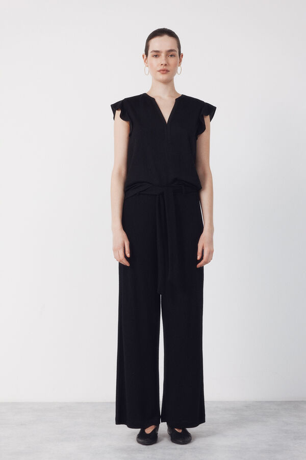 Cortefiel Playera de manga con volante Negro