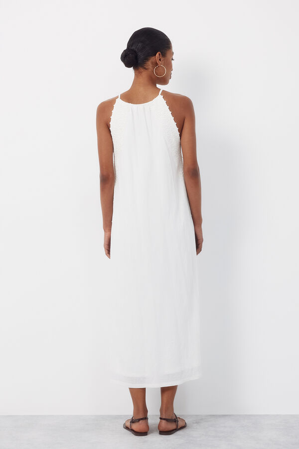 Cortefiel Vestido halter con cinta de crochet floral Blanco