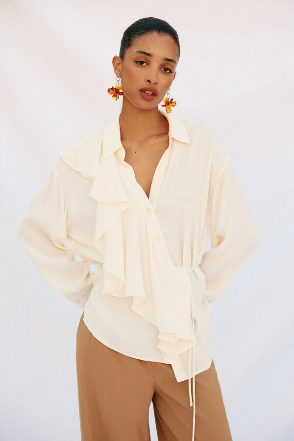 Cortefiel Camisa de manga larga con volante Blanco