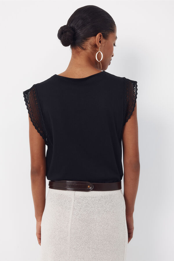 Cortefiel Playera manga guipur Negro