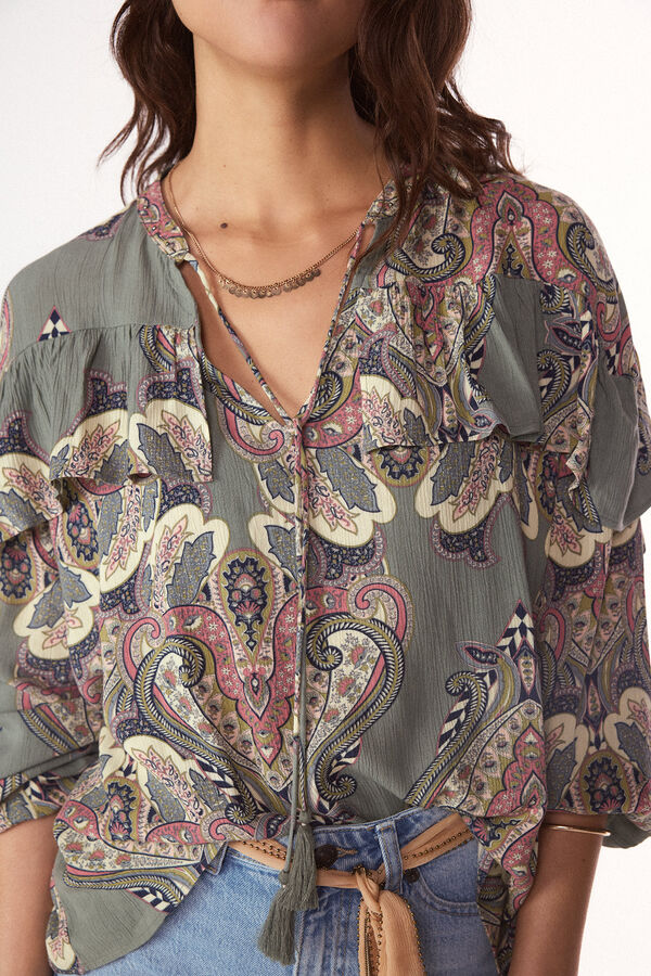 Slowlove Blusa estampada con volante Estampado azul