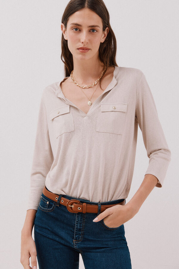 Cortefiel Playera cuello mao efecto lino Beige