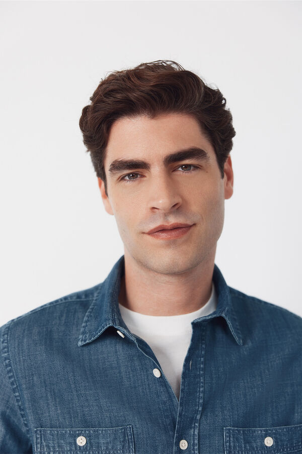 Cortefiel Camisa vaquera chambray manga larga&nbsp; Azul marino