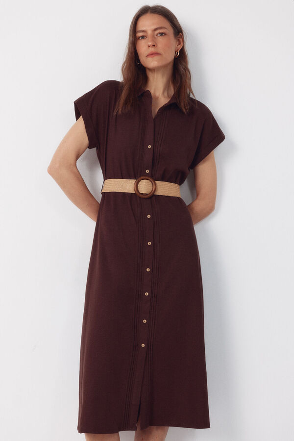 Cortefiel Vestido lino Marr&oacute;n oscuro