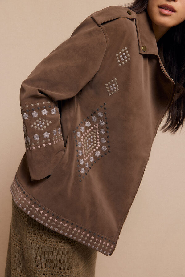 Slowlove Chamarra biker efecto piel bordada Beige