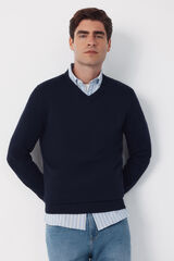 Cortefiel Jersey punto algod&oacute;n cuello pico b&aacute;sico Azul marino