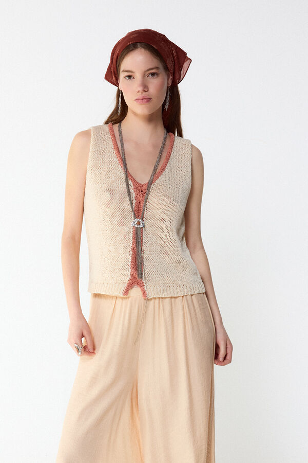 Slowlove Top de punto con contraste Coral