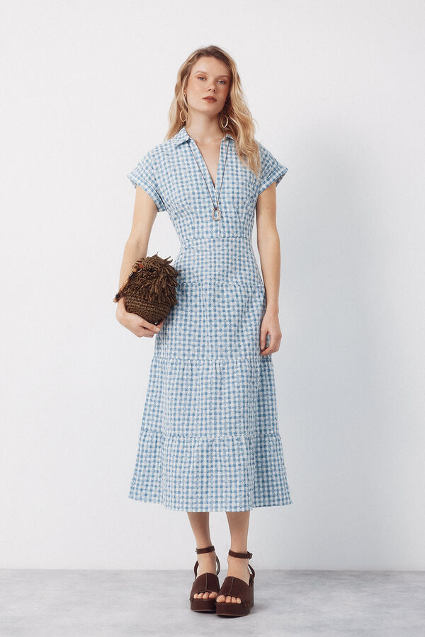 Cortefiel Vestido vichy bordado Estampado azul