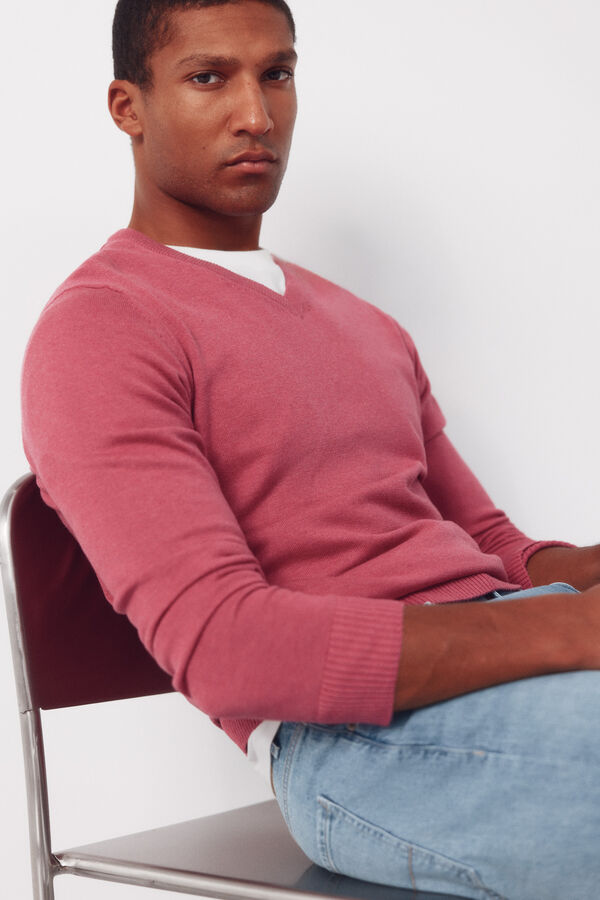 Cortefiel Jersey punto algod&oacute;n cuello pico b&aacute;sico Rosa