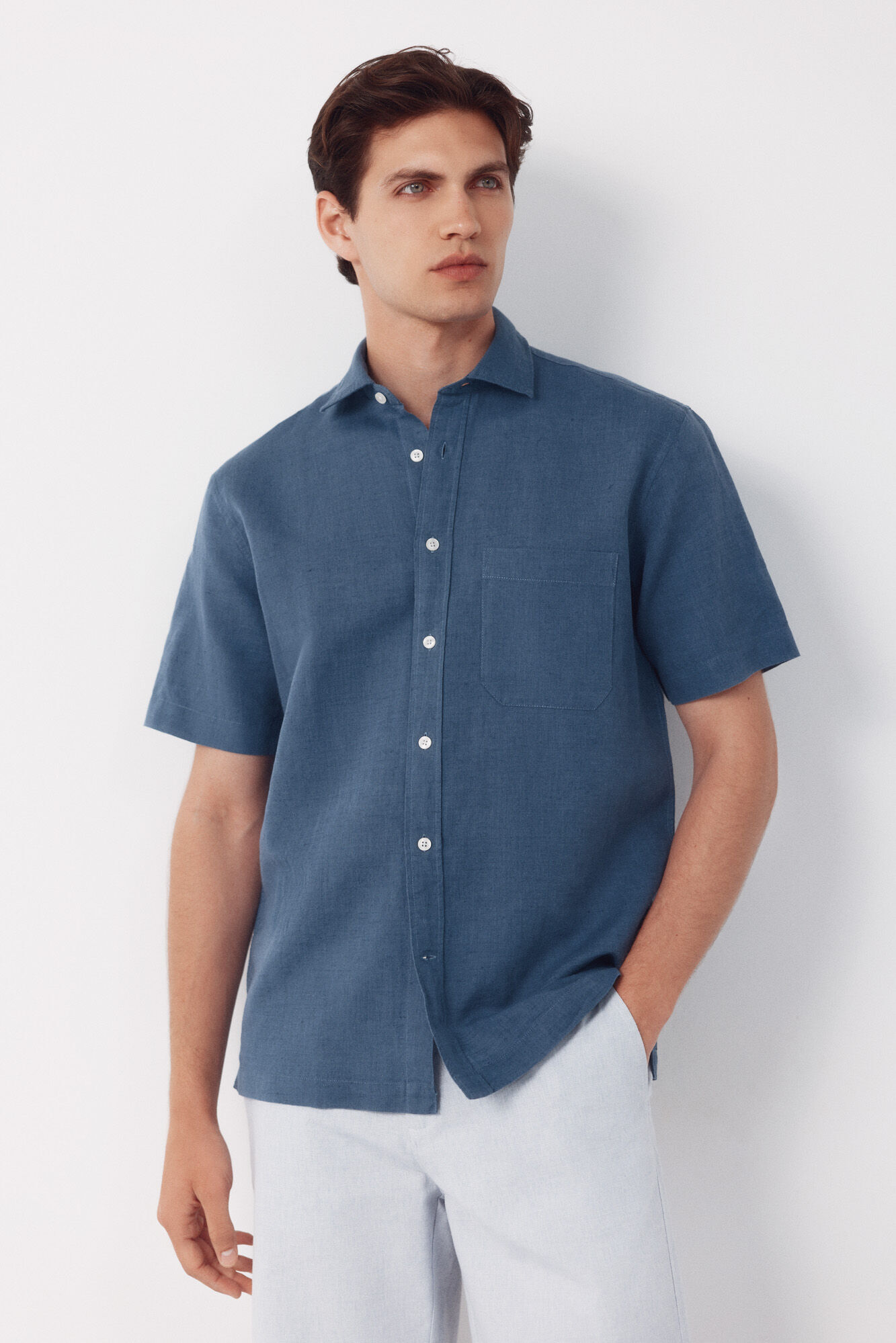 Cortefiel Camisa algod&oacute;n lino lisa manga corta