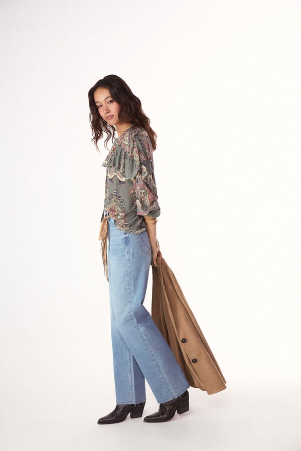 Slowlove Blusa estampada con volante Estampado azul