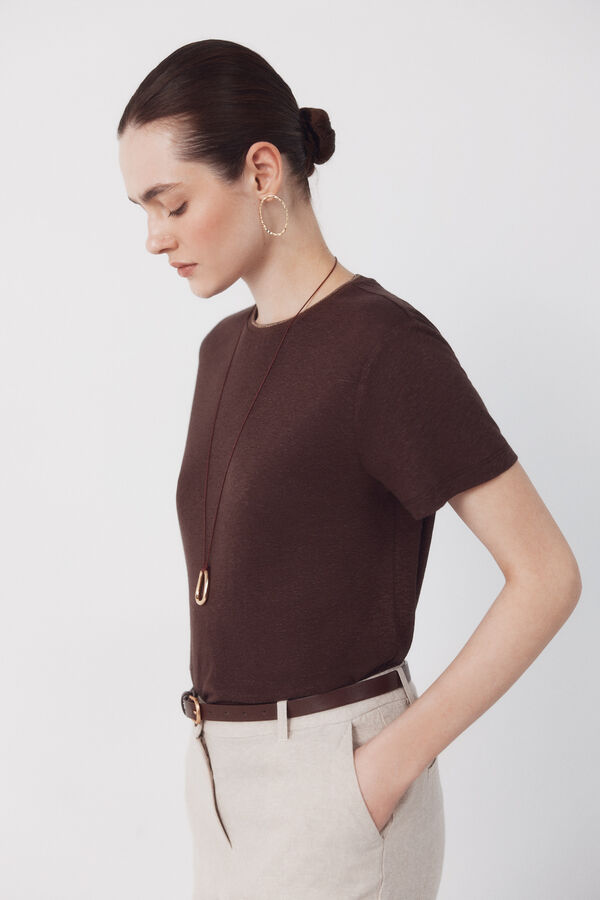 Cortefiel Playera de lino con escote lurex Marr&oacute;n oscuro