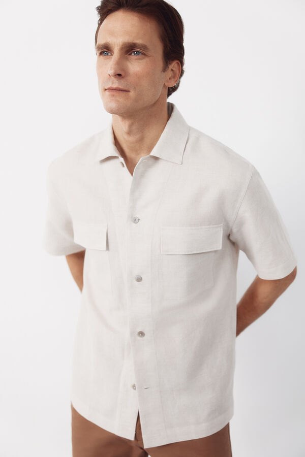 Cortefiel Camisa lino algod&oacute;n lisa cuello bowling Beige