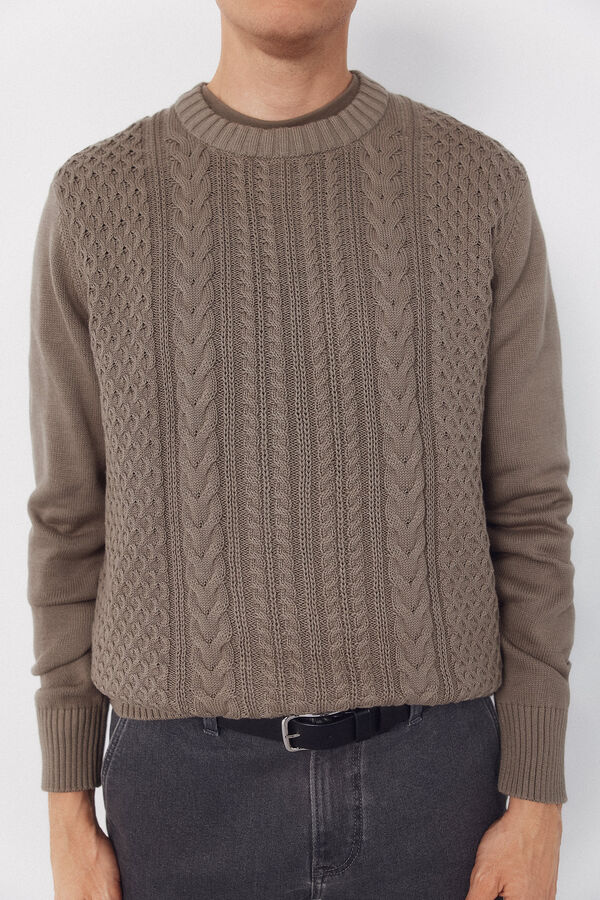 Cortefiel Jersey punto estructura cables cuello redondo Kaki