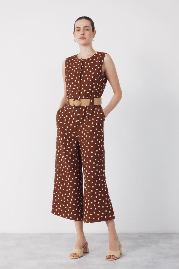 Cortefiel Jumpsuit con cintur&oacute;n Estampado beige