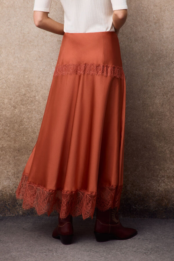 Slowlove Falda midi de sat&eacute;n y encaje Coral