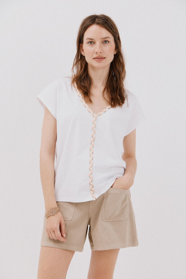 Cortefiel Playera cuello pico trenza Blanco